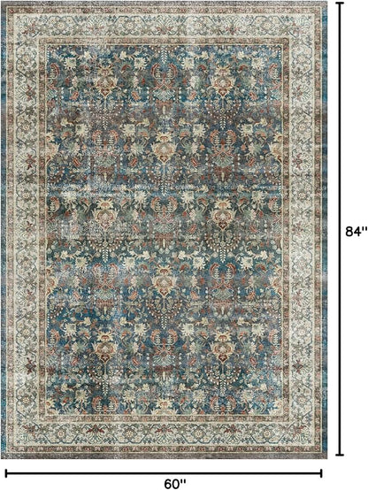 Dripex Vintage 5x7 Area Rugs - Large Washable Area Rug for Living Room Bedroom Oriental Medallion Floral Print Floor Carpet Low-Pile Indoor Soft Non-Slip Accent Rug Farmhouse Home Office Decor
