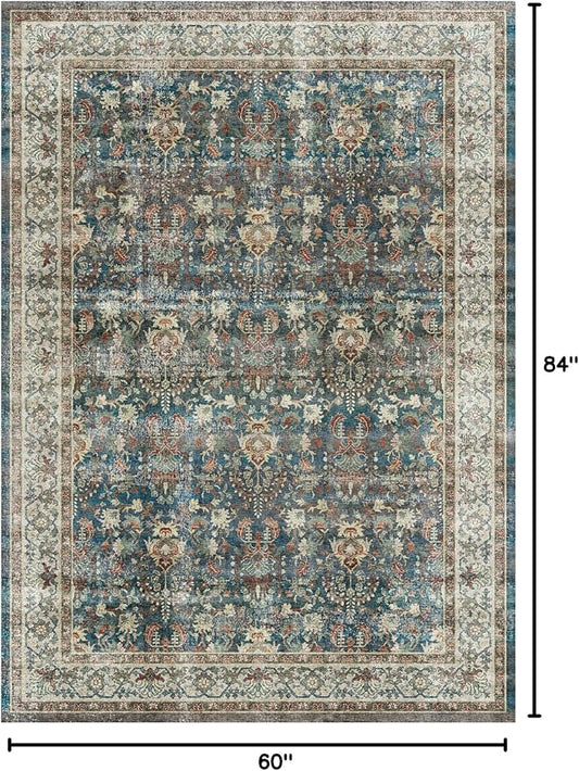 Dripex Vintage 5x7 Area Rugs - Large Washable Area Rug for Living Room Bedroom Oriental Medallion Floral Print Floor Carpet Low-Pile Indoor Soft Non-Slip Accent Rug Farmhouse Home Office Decor