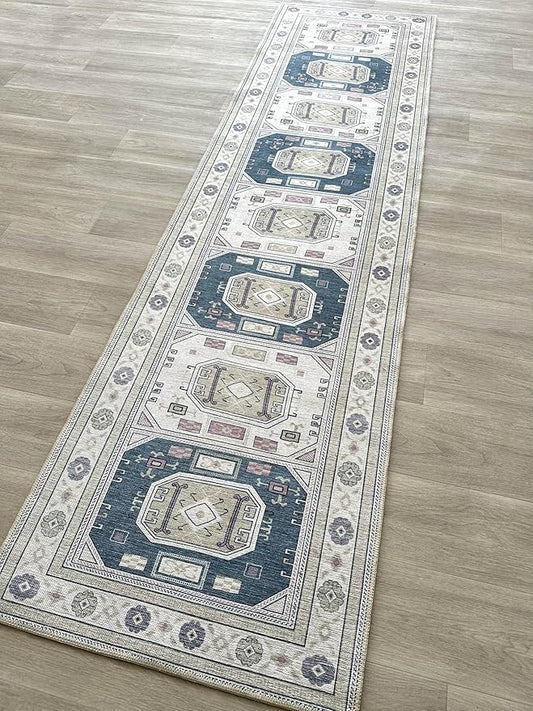 Fame Living Faded Oushak Rug, Turkish Vintage Floral Pastel Large Oversized Area Rugs for Living Room Dining Bedroom Kitchen Bathroom Nursery (848CrNv, 2'5" x 13')
