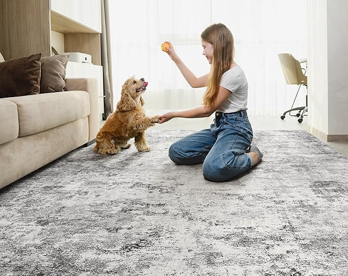 5x7 Area Rug Living Room Rugs - Washable Neutral Modern Abstract Soft Thin Large Rug Indoor Floor No Slip Rug Carpet for Bedroom Under Dining Table Home Office Decor - Grey