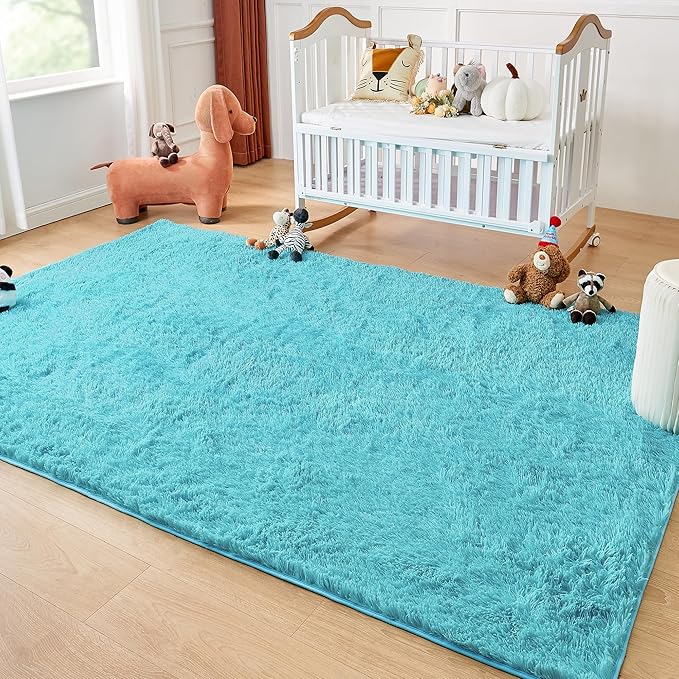 Andency 8x10 Area Rugs for Living Room, Blue Non-Slip Fluffy Soft Large Shag Bedroom Carpet, Big Indoor Thick Nursery Rug for Kids Dorm Home Decor Aesthetic