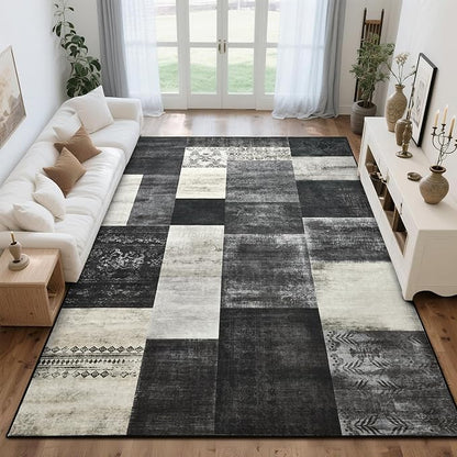Tepook Modern Area Rug for Living Room, 5x7 Geometric Large Rugs for Bedroom, Washable Patchwork Rug Indoor Non-Slip Throw Carpets for Dining Room Office Farmhouse Home Decor, Black and White