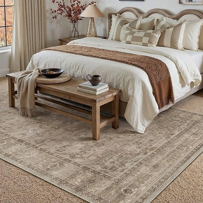 HUGEAR Washable 6x9 Area Rugs Retro Brown Living Room Bedroom Rug Vintage Distressed Non Slip Stain Resistant Low Pile Neutral Throw Carpet for Home Decor