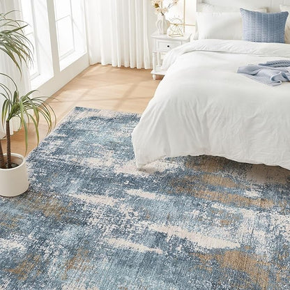 Area Rug Living Room Rugs - 5x7 Washable Soft Indoor Neutral Modern Abstract Low Pile Rug Carpet for Bedroom Dining Room Farmhouse Home Office - Blue Brown