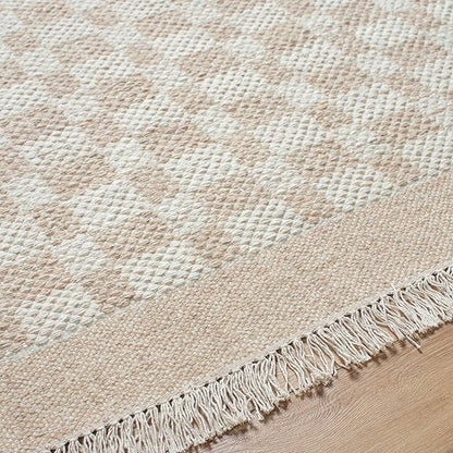Mark&Day Wool Rugs, 2x3 Clinten Solid and Border Tan Checkered Rug, Tan Ivory Carpet for Living Room, Bedroom or Kitchen (2' x 3')