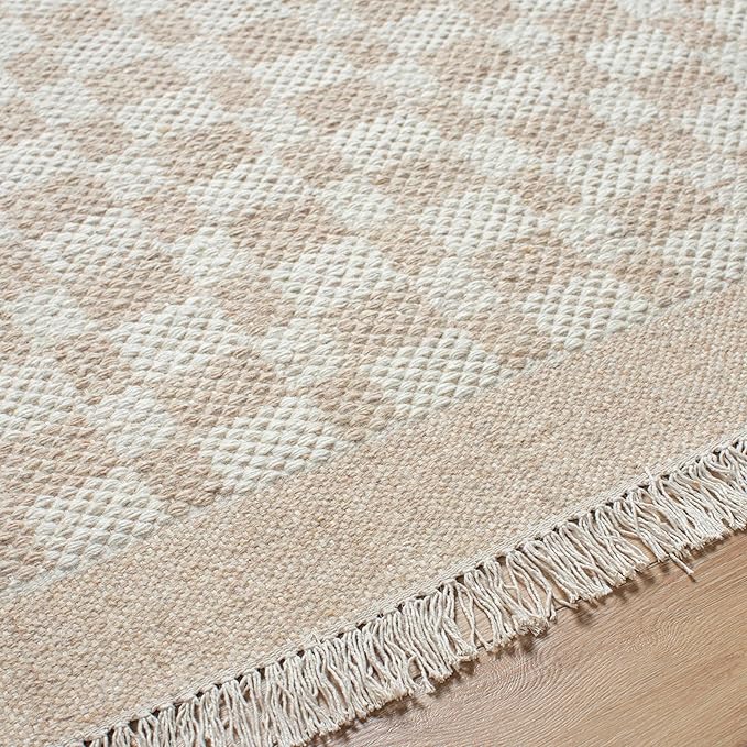 Mark&Day Wool Rugs, 2x8 Clinten Solid and Border Tan Runner Checkered Rug, Tan Ivory Carpet for Hallway, Kitchen, Bedroom or Living Room (2'6" x 8' Runner)