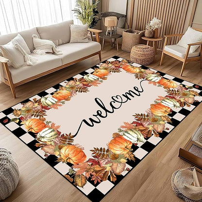 Checkered Area Rugs, 4x5ft, Black and White Check with Fall Leaves Pumpkin Autumn Harvest Carpet, Entrance Rubber Non Slip Breathable Fall Rug for Dining Room Laundry