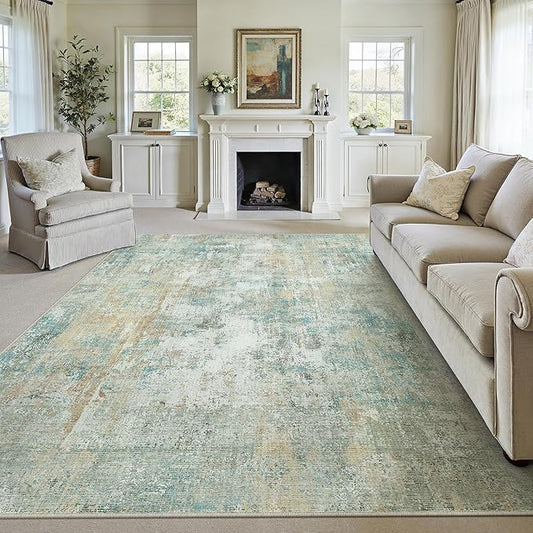 10x12 Area Rug Teal Beige Abstract Living Room Bedroom Washable Carpet Neutral Modern Non-Slip Soft Low Pile Lightweight Vacuumable Large Throw Rug for Dining Room