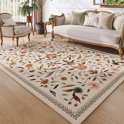 Vintage Medallion Floral 5x7 Area Rugs, Machine Washable Non-Slip, Low Pile Soft Carpet for Living Room, Bedroom, Dining Room, Farmhouse, Kids Playroom, Office | Beige