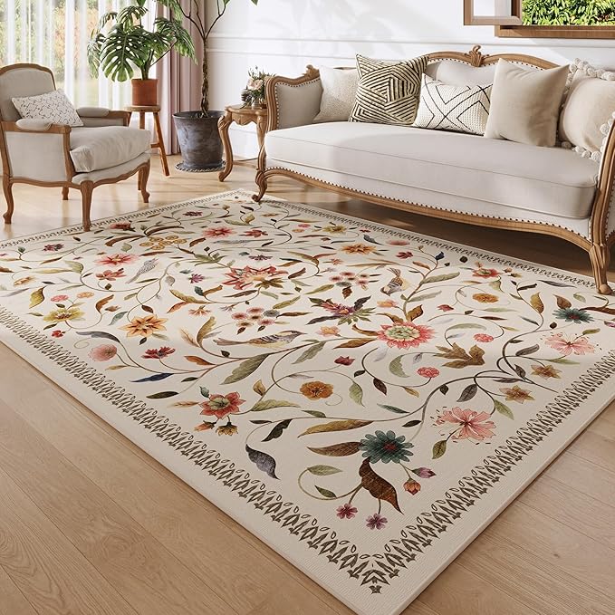 Vintage Medallion Floral Area Rugs 8x10 Clearance, Machine Washable Non-Slip, Low Pile Soft Large Carpet for Living Room, Bedroom, Dining Room, Farmhouse, Kids Playroom, Office | Beige