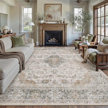 HUGEAR Retro Taupe Green Area Rug 8x10 Machine Washable Living Room Rugs Distressed Vintage Floral Low Pile Carpet Bedroom Office Dining Room Laundry Room Non Slip Soft Lightweight