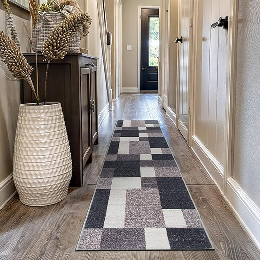 Rugshop Modern Boxes Design Non-Slip (Non-Skid) for Hallway,Entryway,Kitchen Runner Rug 2'7" x 10' Gray