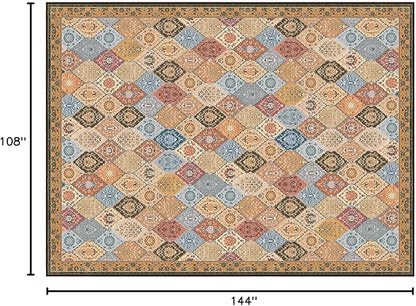 Phantoscope Washable Area Rug 9'x12' Non-Slip, Vintage Boho Rugs for Living Room, Bedroom, Dining Room, Distressed Moroccan Mosaic Diamond Pattern, Low-Pile Foldable Floor Carpet, Terracotta/Rust