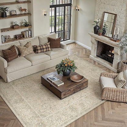 HUGEAR 6x9 Machine Washable Area Rugs Vintage Beige - Neutral Living Room Bedroom Rug Non Slip Stain Resistant Low Pile Aesthetic Throw Carpet Kids & Pet Friendly