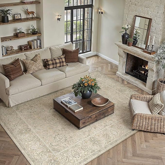 HUGEAR 6x9 Machine Washable Area Rugs Vintage Beige - Neutral Living Room Bedroom Rug Non Slip Stain Resistant Low Pile Aesthetic Throw Carpet Kids & Pet Friendly
