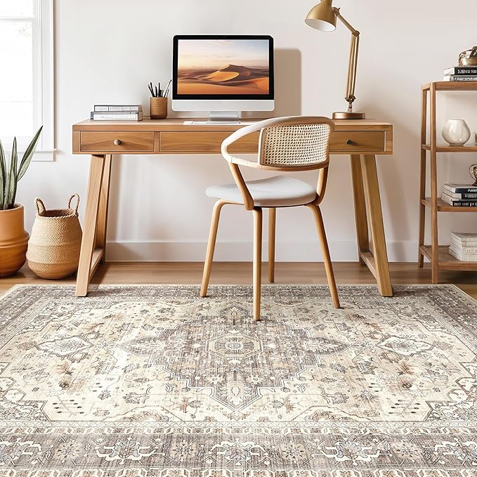 6x9 Area Rugs Living Room: Washable Boho Large Neutral Vintage Soft Rug Stain Resistant Farmhouse Non Slip Indoor Floor Carpet for Bedroom Nursery Kids Playroom Office Dining Room- Beige Brown