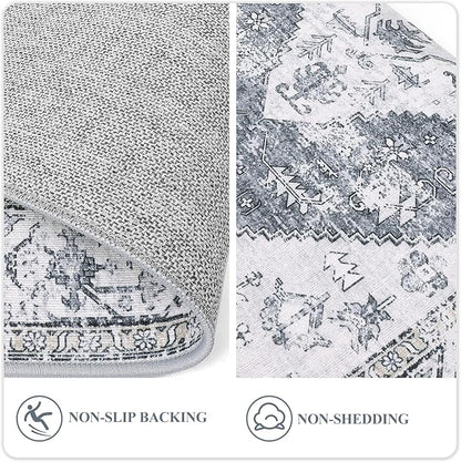 Lahome Boho Hallway Runner Rug 2x6, Washable Untra-Thin Non-Slip Kitchen Runner, Oriental Distressed Print Rug for Entryway Bathroom Laundry Room Bedroom, Grey