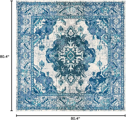SAFAVIEH Monaco Collection Area Rug - 6'7" Square, Ivory & Blue, Boho Chic Medallion Distressed Design, Non-Shedding & Easy Care, Ideal for High Traffic Areas in Living Room, Bedroom (MNC243A)