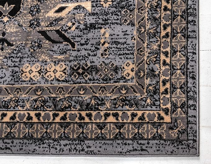 Unique Loom Taftan Collection Border Geometric Tribal Inspired Design Area Rug (4' 0 x 6' 0 Rectangular, Gray/ Black)