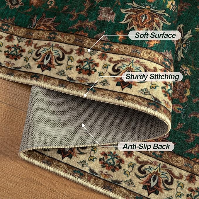 Tangsoo 5x7 Washable Rug, Floral Vintage Large Area Rugs for Living Room, Indoor Non Slip Print Floor Carpet, Soft Low Pile Machine Washable Rug for Bedroom Dining Room Dorm Home Decor Green