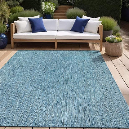 Beverly Rug Indoor Outdoor Rug 8x10, Washable Outside Carpet for Patio, Deck, Porch, Solid Modern Area Rug, Water Resistant, Aqua Blue