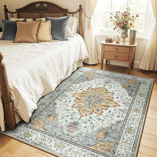 Area Rugs 5'x7' Washable Non-Slip, Floral Vintage Distress Print Pattern Medallion Carpet for Living Room Bedroom Dining Room, Light Yellow Carbon Grey Orange