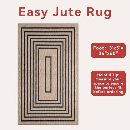 Tangsoo Easy Jute 3x5 Area Rug for Living Room,Non-Slip Black Thin Indoor Outdoor Rug,Boho Farmhouse Geometric Washable Carpet for Front Porch Bedroom Patio Entryway
