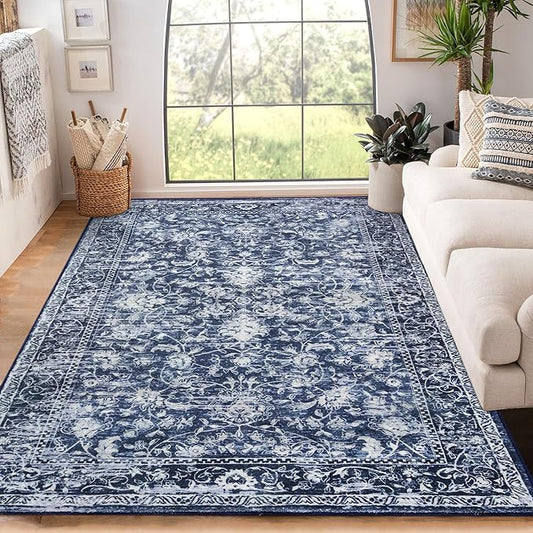 KILOCOCO Area Rug 4x6 Entryway Rug Washable Printed Vintage Floral Rubber Backed Non Slip Indoor Kitchen Rugs for Laundry Room Playroom Bedroom Living Room Moroccan Area Rugs, Navy Blue