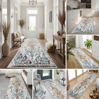 Hallway Washable Runner Rug 2'6x8 - Vintage Kitchen Runner Rugs with Non Slip Backing Stain Resistant Rugs for Living Room Bedroom Floor Distressed Carpet Runners for Farmhouse, Laundry