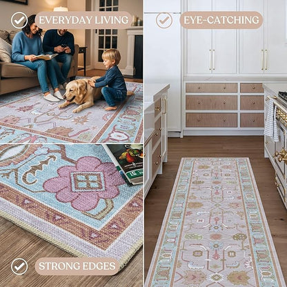 Fame Living Pink Oushak Runner Rug, Modern Runners, Vintage, Turkish, Eclectic, Floral, Pastel, Washable, Runner for Hallway, Kitchen, Bedroom, Bathroom, 2'5"x9'8"