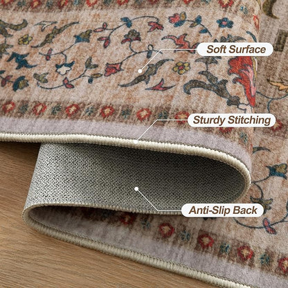 Tangsoo 2x6 Washable Runner Rug for Hallways, Non Slip Vintage Runner Rug, Soft Boho Low Pile Long Rug Runner, Carpet Runners for Kitchen Bedroom Entryway Bathroom Living Room Beige/Red