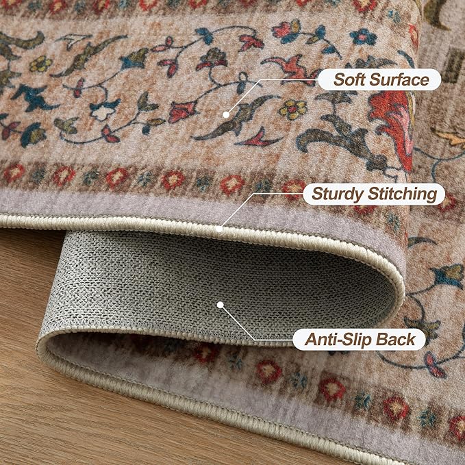 Tangsoo 5x7 Area Rug Washable Rugs for Living Room, Vintage Indoor Non Slip Large Area Rugs, Print Carpet, Soft Low Pile Rug Foldable Floor Rug for Bedroom Dining Room Dorm Beige/Red