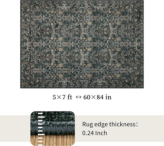 Washable Living Room Rug: 5x7 Boho Floral Soft Area Rug for Bedroom Decor - Vintage Low Pile Thin Carpet for Dining Room Non-Slip - Farmhouse Stain Resistant Rugs - Dark Green