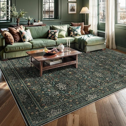 8x10 Floral Washable Area Rug for Living Room, Vintage Boho Rug for Bedroom Dining Room， Distressed Botanical Birds Non Slip Low Pile Forest Animal Throw Carpet for Farmhouse Office, Dark Green
