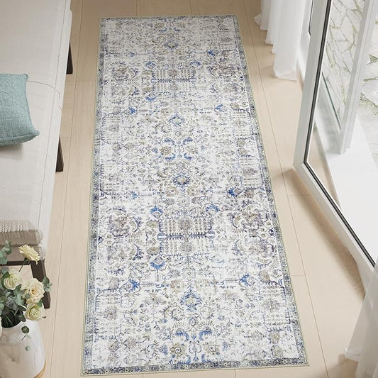jinchan Kalen Runner Rug 2x10 Washable Area Rug Soft Vintage Hallway Indoor Floor Stair Runner Thin Retro Distressed Carpet Blue Floral Country Non Slip Bathroom Kitchen Bedroom Living Room Stairway