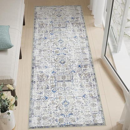 jinchan Kalen Runner Rug 2x6 Washable Area Rug Soft Vintage Hallway Indoor Floor Mat Thin Retro Distressed Carpet Blue Floral Country Non Slip Bathroom Kitchen Bedroom Living Room