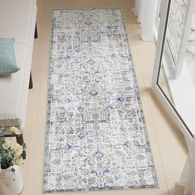 jinchan Kalen Runner Rug 3x10 Washable Area Rug Soft Vintage Indoor Floor Cover Thin Retro Distressed Blue Multi Carpet Floral Print Country Non Slip for Bathroom Kitchen Bedroom Living Room