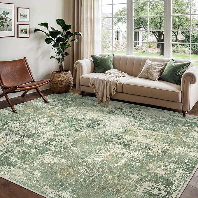 GENIMO 5x7 Area Rugs for Living Room, Machine Washable Rug Non Slip, Low Pile Ultra-Thin Lightweight Large Carpet, Abstract Modern Rugs for Bedroom, Dining Room, Office, Nursery, Olive Green