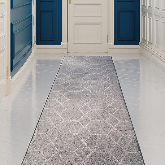 Custom Made Runner Rug for Kitchen Foyer Hallway Entry Choose Your Length Size 26 Inch Wide Geometric Lattice Design Grey Color (2 feet x 26 inch)
