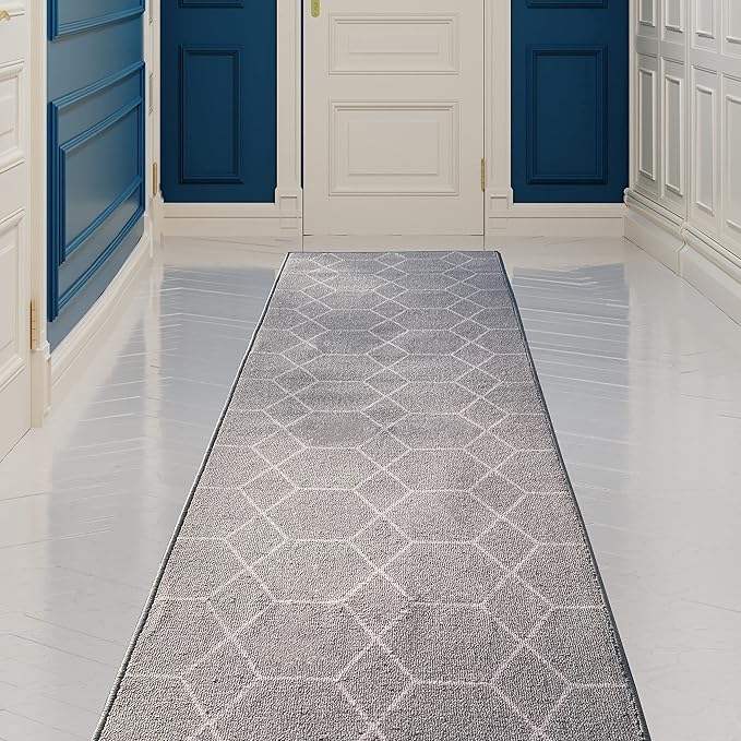 Custom Made Runner Rug for Kitchen Foyer Hallway Entry Choose Your Length Size 26 Inch Wide Geometric Lattice Design Grey Color (5 feet x 26 inch)