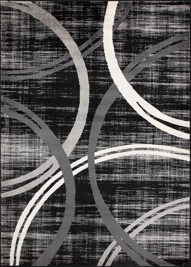 Rugshop Modern Wavy Circles Design Area Rug, Carpet with Jute Backing for Living Room, Bedroom, or Home Office, Black, 5'3" x 7'3"