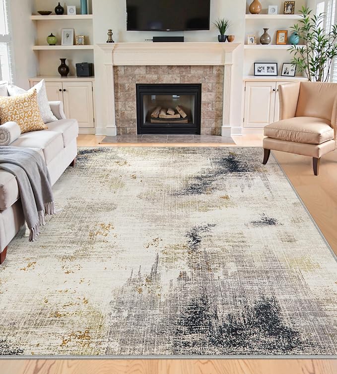 6x9 Washable Area Rugs - Modern Abstract Rugs for Living Room Non-Slip Low Pile Soft Machine Washable Carpet for Bedroom, Dining Room, Nursery, Home Office, Farmhouse (6'x9' Beige Tan)