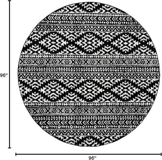 SAFAVIEH Tulum Collection Area Rug - 8' Round, Black & Ivory, Moroccan Boho Tribal Design, Non-Shedding & Easy to Clean, Ideal for Living Room, Bedroom, Dining Space (TUL272Z)