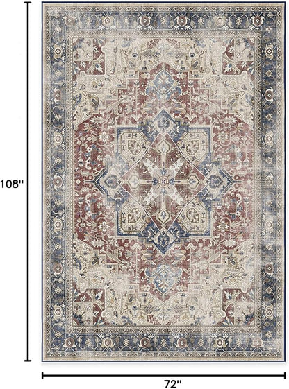 RUGGABLE Washable Vintage Area Rug – Kamran Royal Blue 6x9, Stain-Resistant, Non-Slip – Medium Machine Washable Rugs for Living Room, Bedroom, Hallway, Entryway & Office–with Cushioned Pad