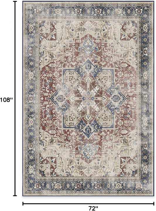 RUGGABLE Washable Vintage Area Rug – Kamran Royal Blue 6x9, Stain-Resistant, Non-Slip – Medium Machine Washable Rugs for Living Room, Bedroom, Hallway, Entryway & Office–with Cushioned Pad