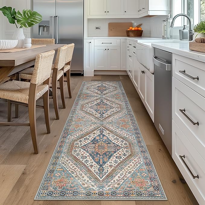 Bavni Runner Rug 2x10 Kitchen Rugs for Hallways Entryway, Washable Vintage Print Carpet, Ultra-Thin Chenille Low Pile Lightweight Rug with Non Slip Backing, Blue/Orange