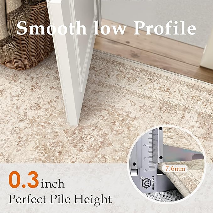 2x6 Beige Washable Vintage Area Rug for Living Room Bedroom Soft Tranditional Non Slip Runner Rug Lightweight Floral Low Pile Distressed Runner Entrance Laundry Room Hallway