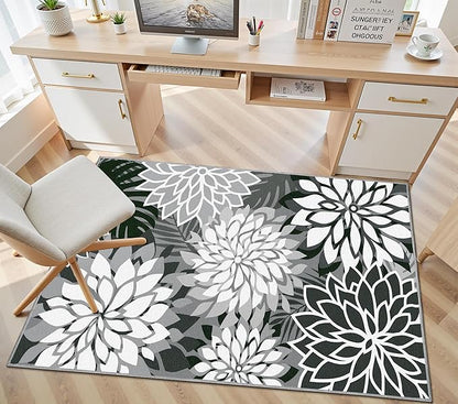 3x5 Washable Rug for Living Room Tropical Botanical Modern Floral Chenille Area Rugs Low Pile Non Slip Carpet for Patio, Bedroom, Laundry, Black
