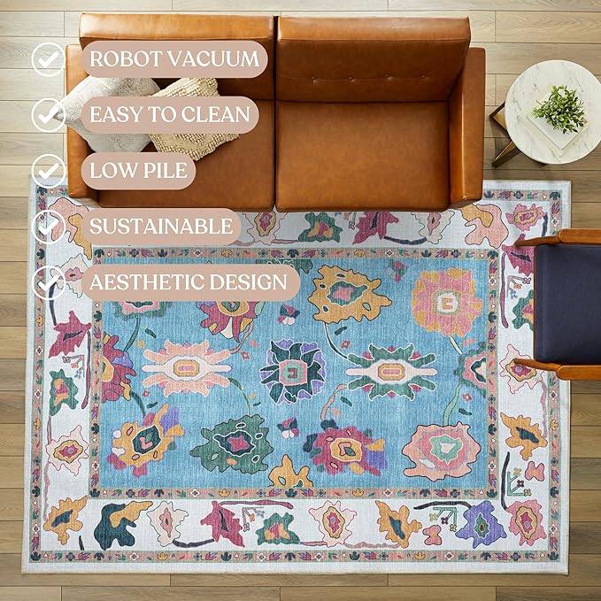 Fame Living Colorful Oushak Rug, Modern, Vintage, Turkish, Eclectic, Floral, Pastel, Washable, Area Rugs for Living Room, Dining, Bedroom, Office, Entryway, Foyer, Playroom, Nursery, 5'x6'9"