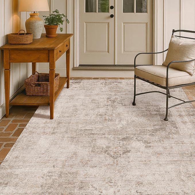 Beige & Brown 5x8 Area Rugs for Bedroom - Abstract Distressed Farmhouse Rug for Living Room, Home Office, Foyer, Kitchen Table, Foldable Soft Washable Low Pile Non Slip Stain Resistant